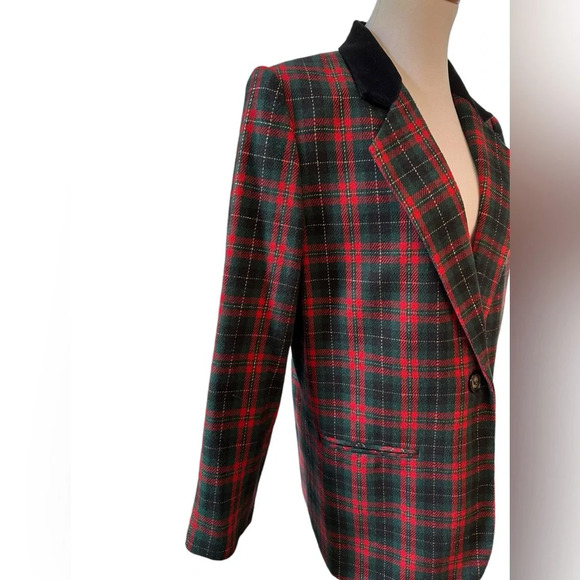 Vintage Wool Blend Tartan Plaid Velvet Collar Sag Harbor Single-breasted Blazer - Picture 4 of 7